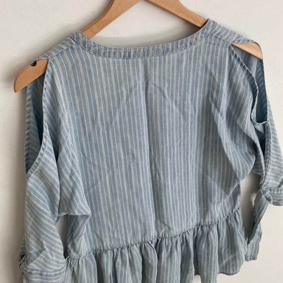 Blue Rain v neck Tied Sleeves cold shoulder pinstripe peplum Blouse, Size XS - Picture 9 of 11